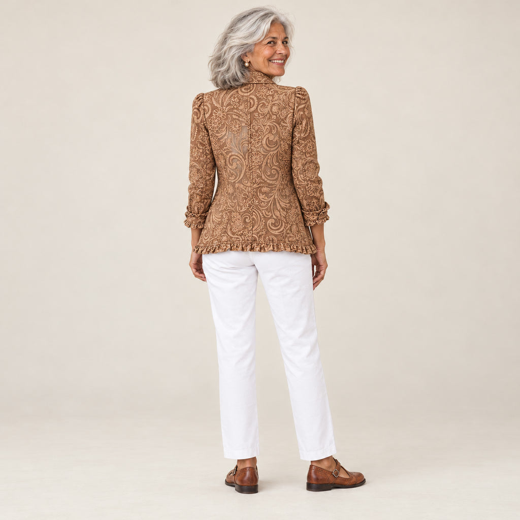 Ramona | Chaqueta de flores con volantes de aire bohemio, vista de espaldas