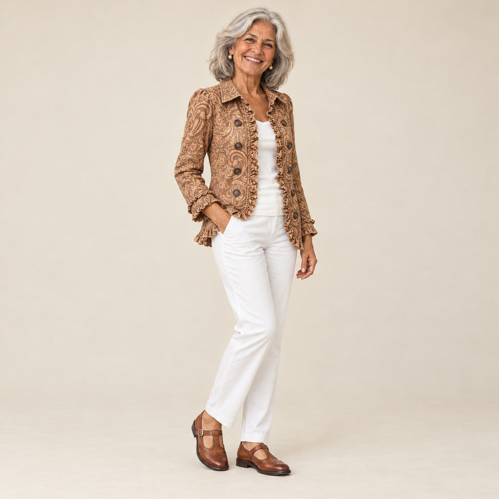 Ramona | Chaqueta de flores con volantes de aire bohemio, vista de tres cuartos