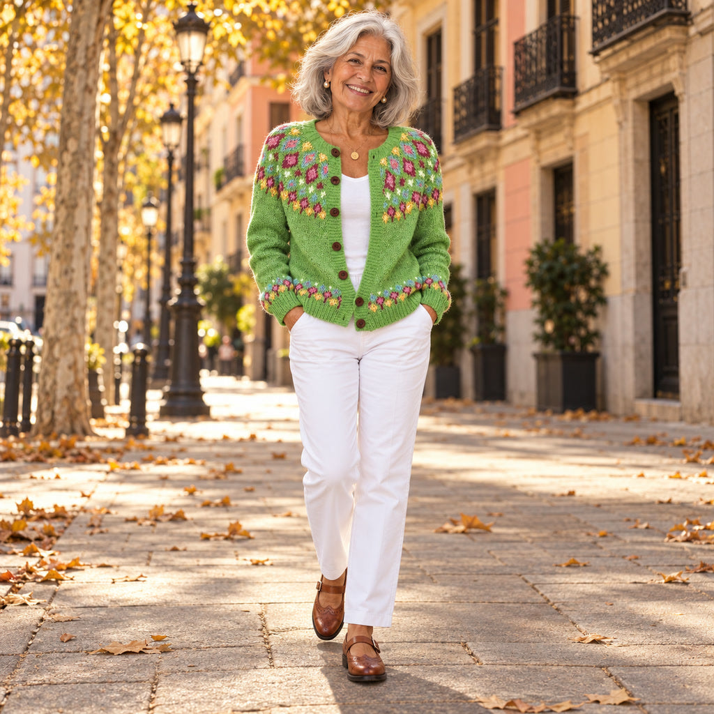 Rebeca | Cárdigan folk de flores verde, en la calle