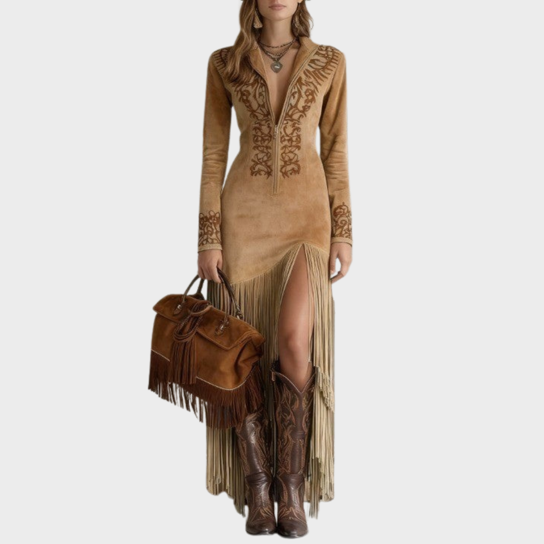 Rosalba | Vestido bohemio de ante con flecos