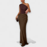 Rosaura | Vestido largo plisado elegante con tirante asimétrico