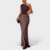 Rosaura | Vestido largo plisado elegante con tirante asimétrico