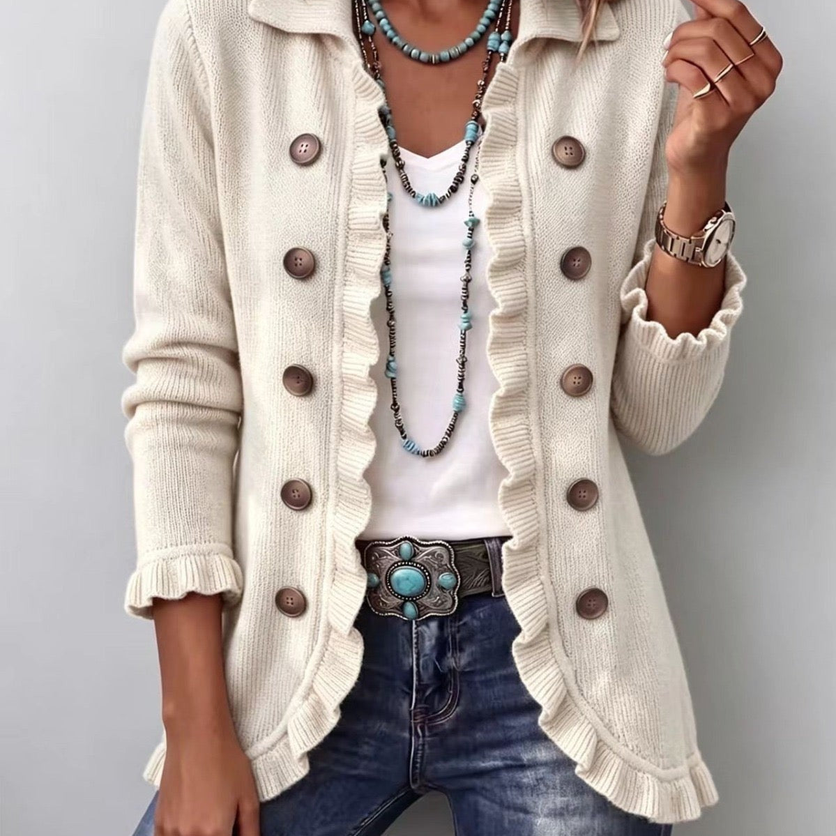 Rut | Chaqueta de punto de canalé marfil con volantes