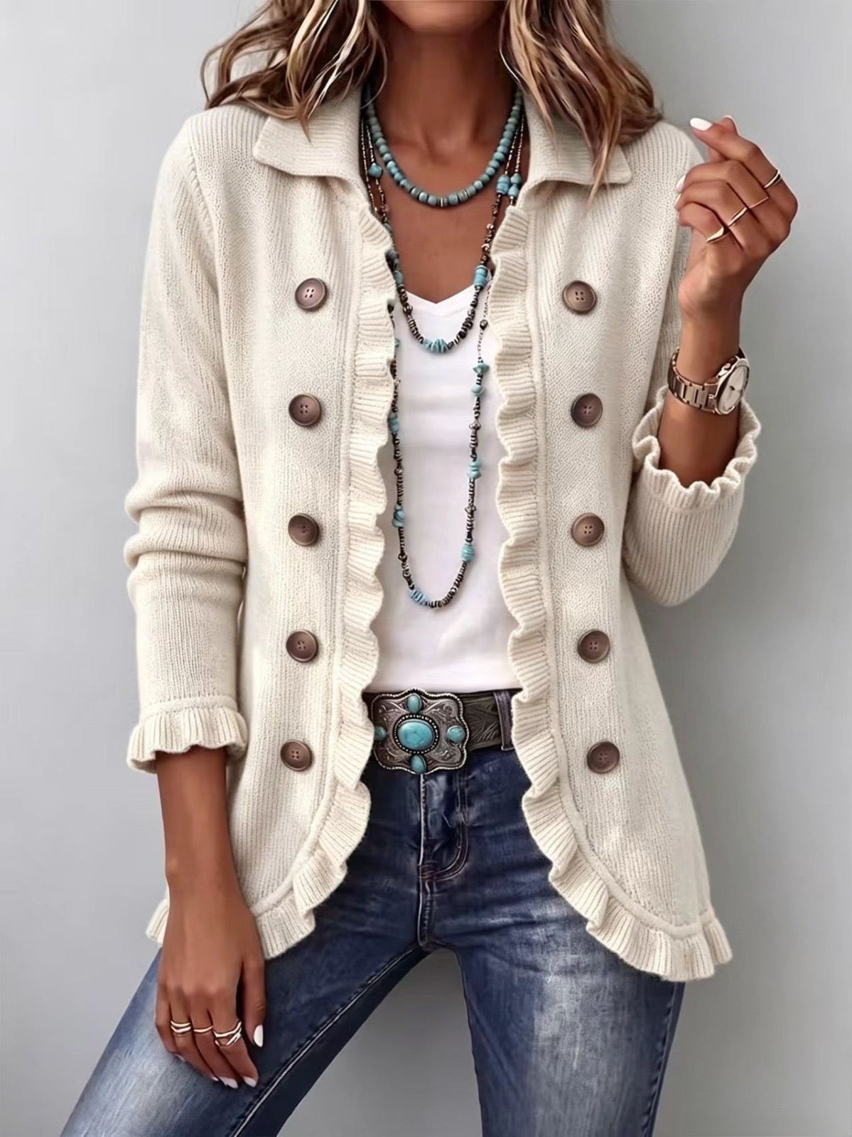 Rut | Chaqueta de punto de canalé marfil con volantes