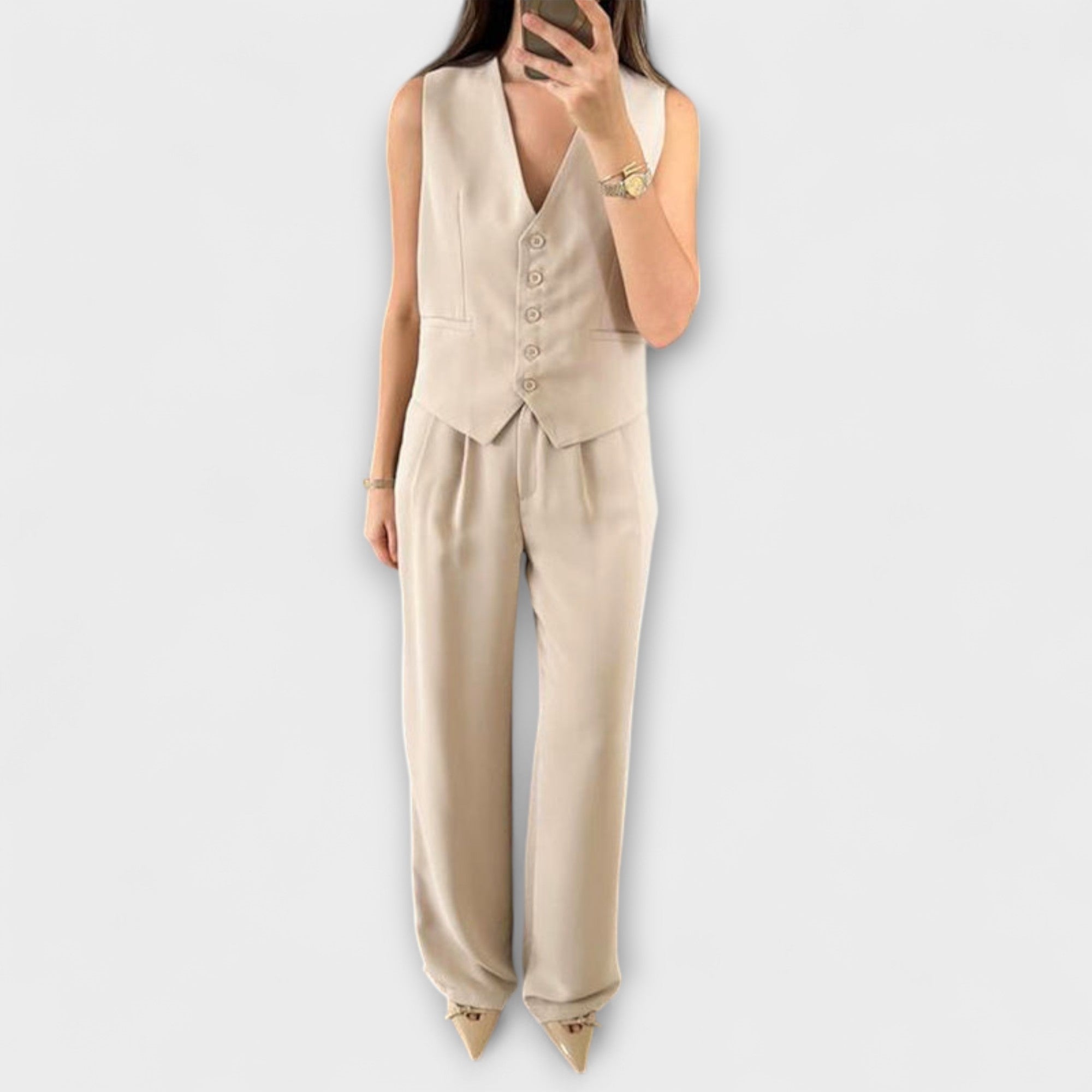 Sira | Conjunto de dos piezas de chaleco liso con cuello en V y pantalón