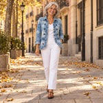 Tomasa | Chaqueta bohemia con volantes y estampado botánico degradado, en la calle