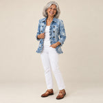 Tomasa | Chaqueta bohemia con volantes y estampado botánico degradado, vista de tres cuartos