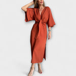 Uxue | Vestido informal con cuello en V de algodón y lino con lazo para anudar