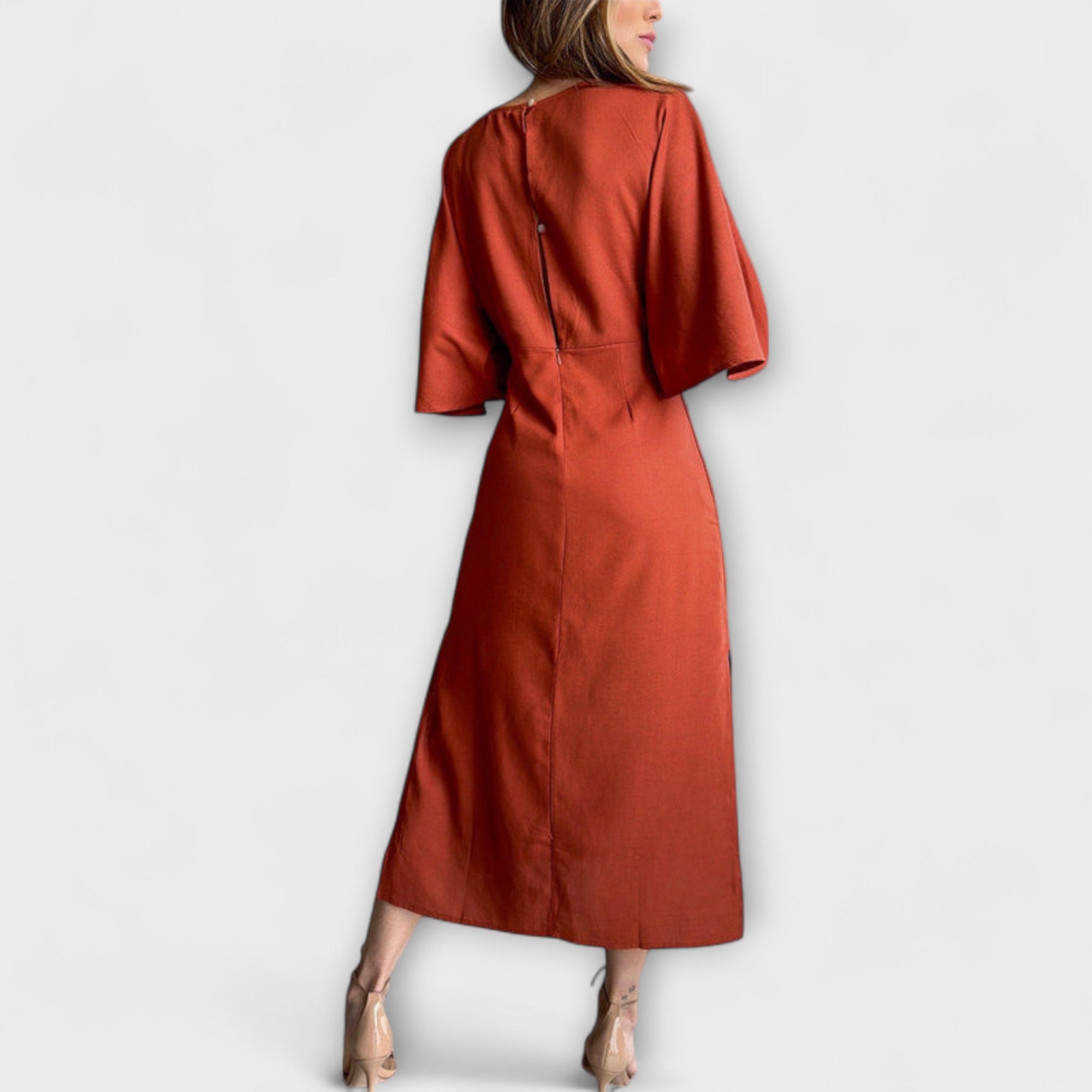 Uxue | Vestido informal con cuello en V de algodón y lino con lazo para anudar