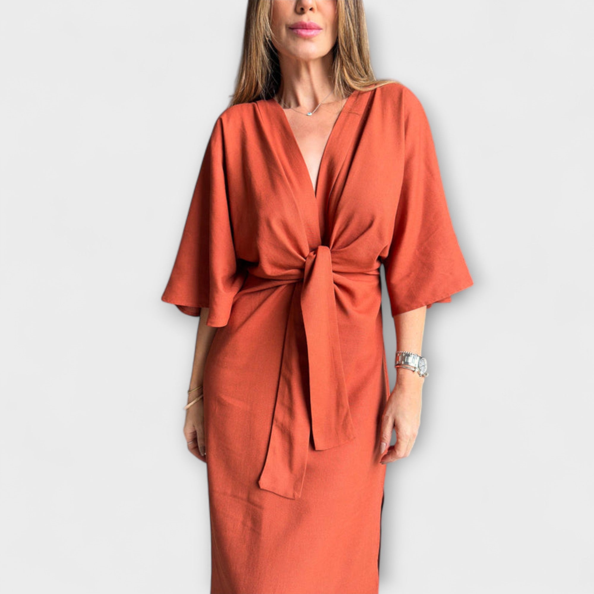 Uxue | Vestido informal con cuello en V de algodón y lino con lazo para anudar