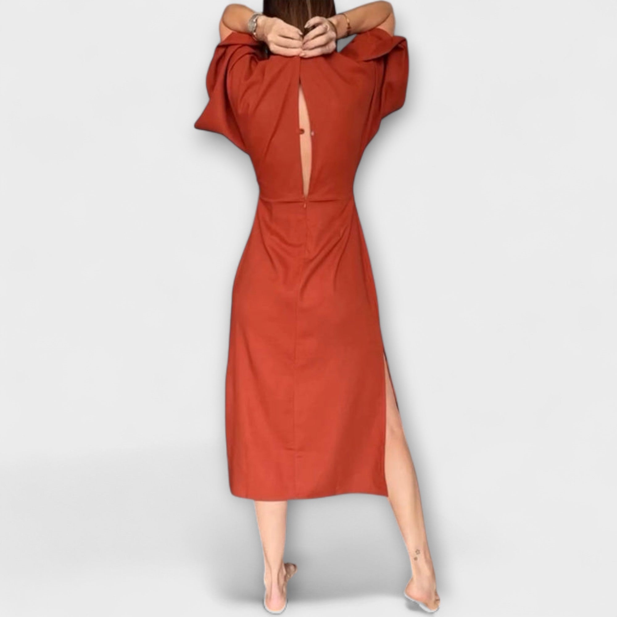 Uxue | Vestido informal con cuello en V de algodón y lino con lazo para anudar
