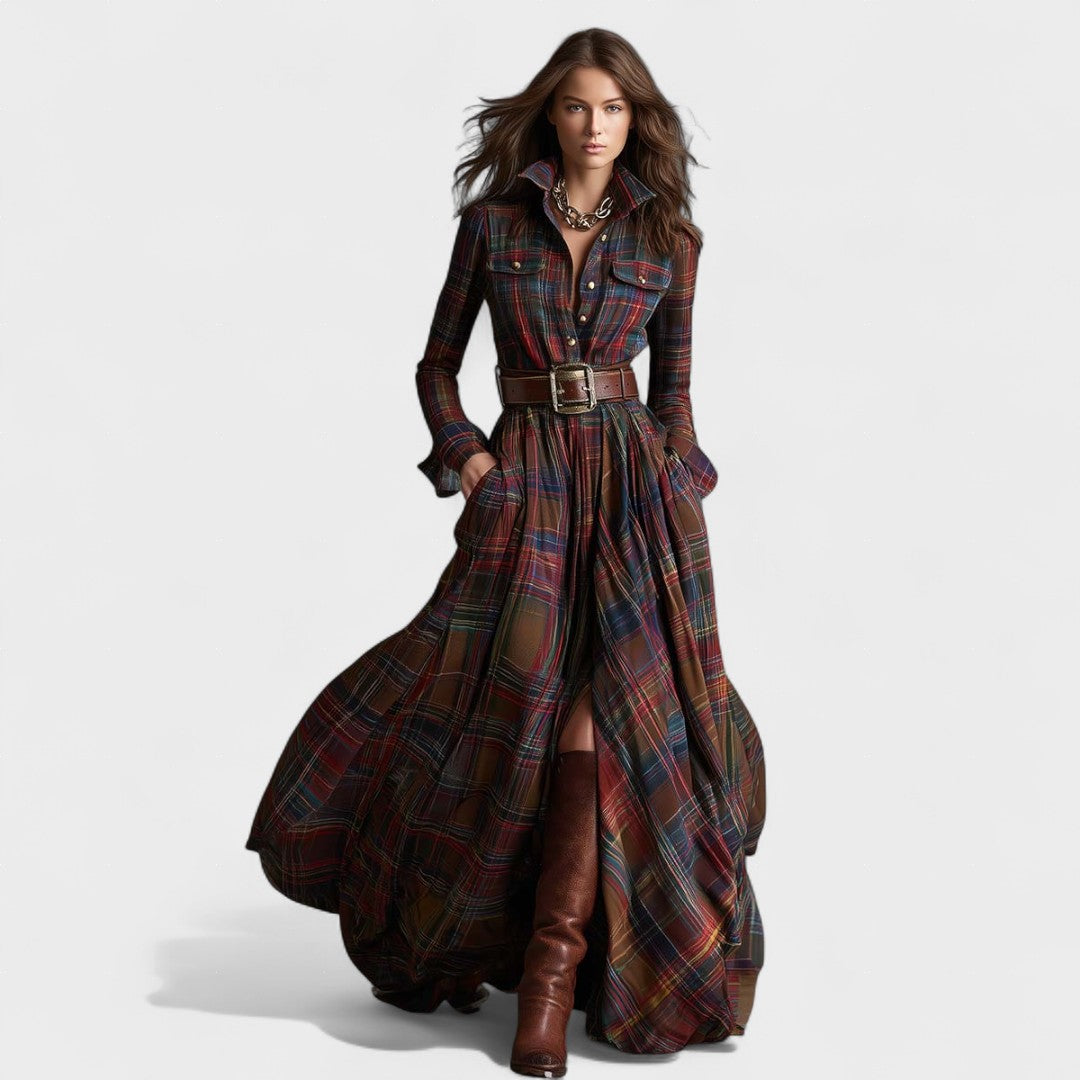 Vega | Vestido largo con cinturón y estampado tartán