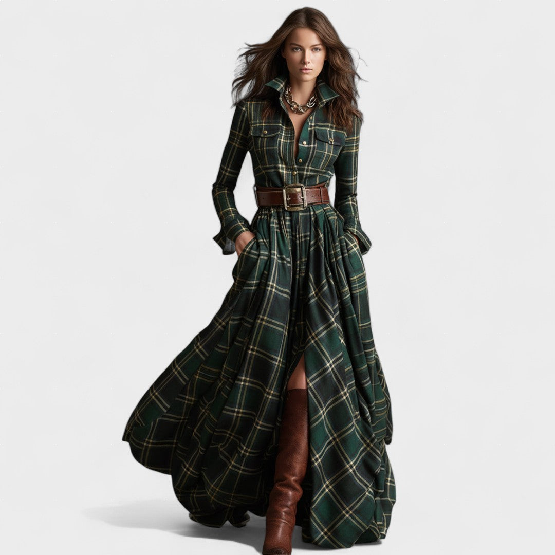 Vega | Vestido largo con cinturón y estampado tartán