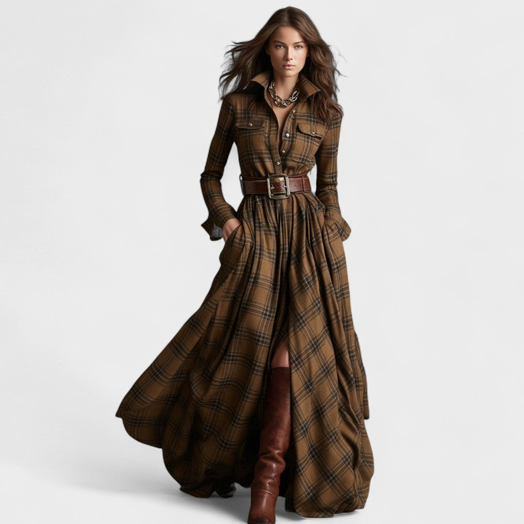 Vega | Vestido largo con cinturón y estampado tartán