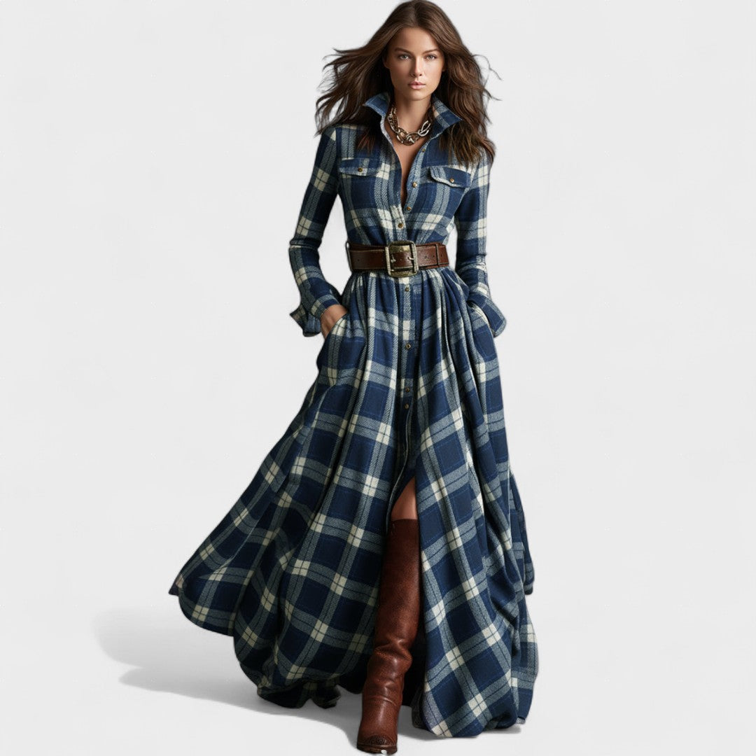 Vega | Vestido largo con cinturón y estampado tartán