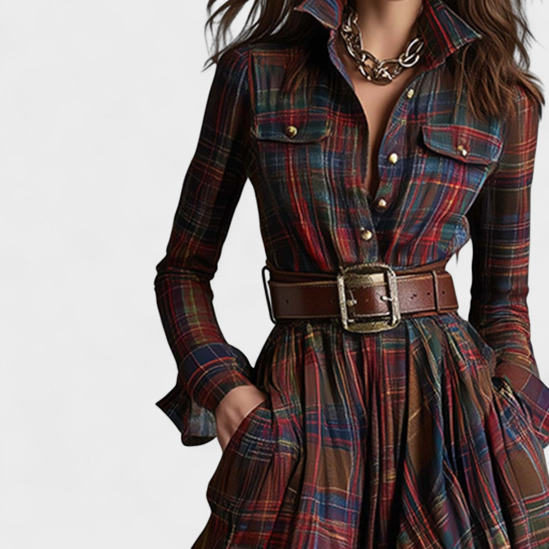 Vega | Vestido largo con cinturón y estampado tartán