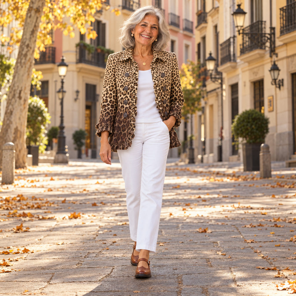 Verónica | Chaqueta con volantes y estampado de leopardo, en la calle