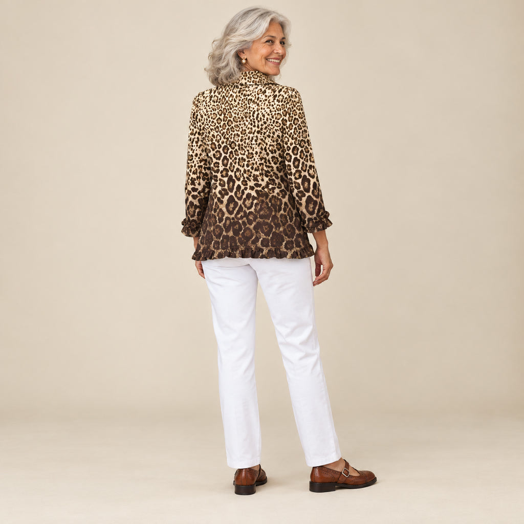 Verónica | Chaqueta con volantes y estampado de leopardo, vista de espaldas