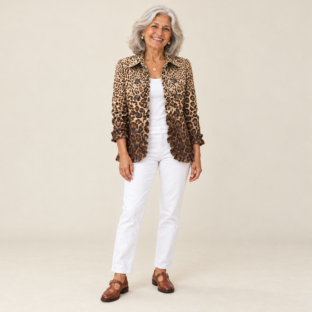 Verónica | Chaqueta con volantes y estampado de leopardo, vista de frente
