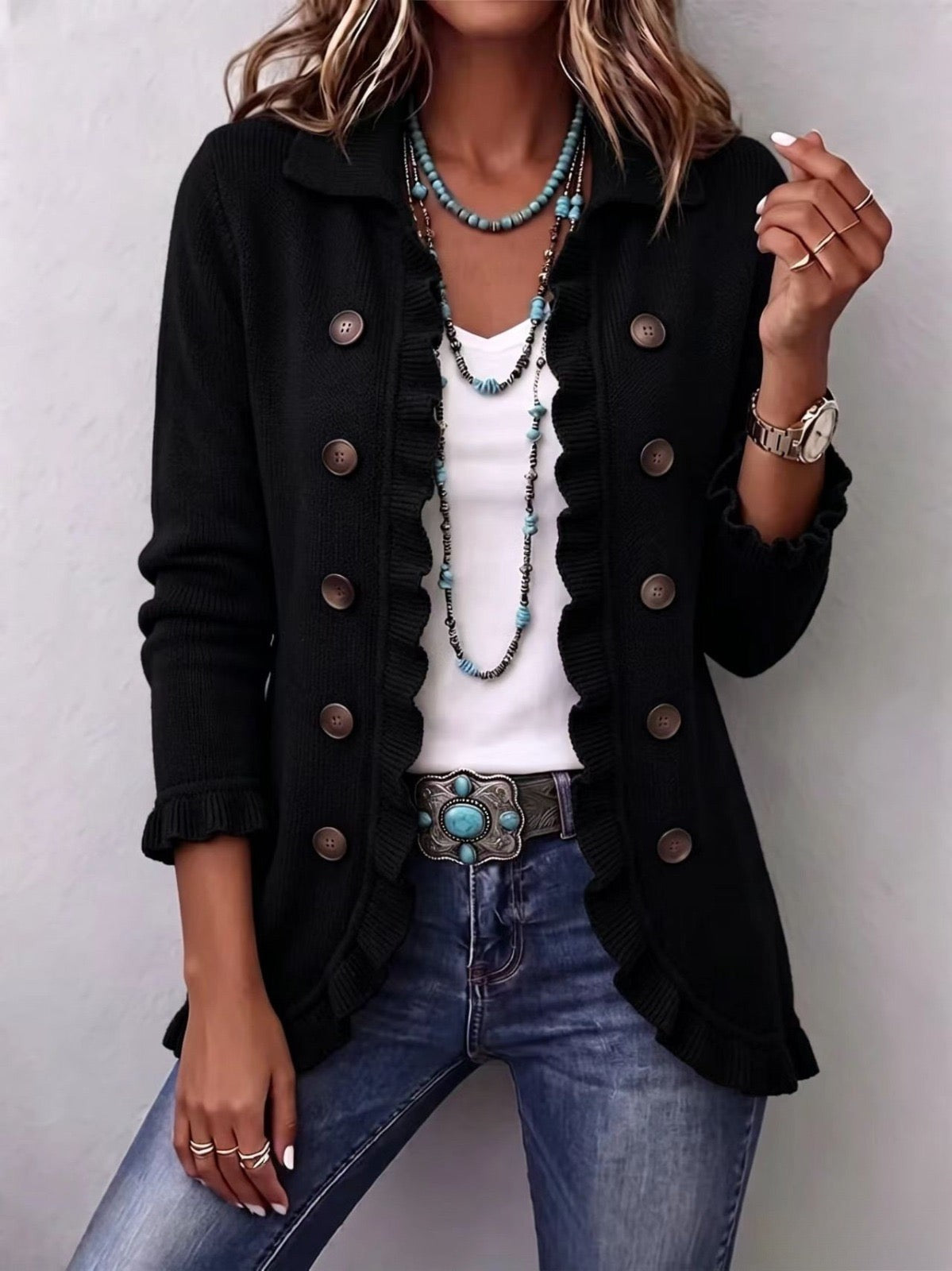 Yaiza | Chaqueta de punto de canalé negra con volantes