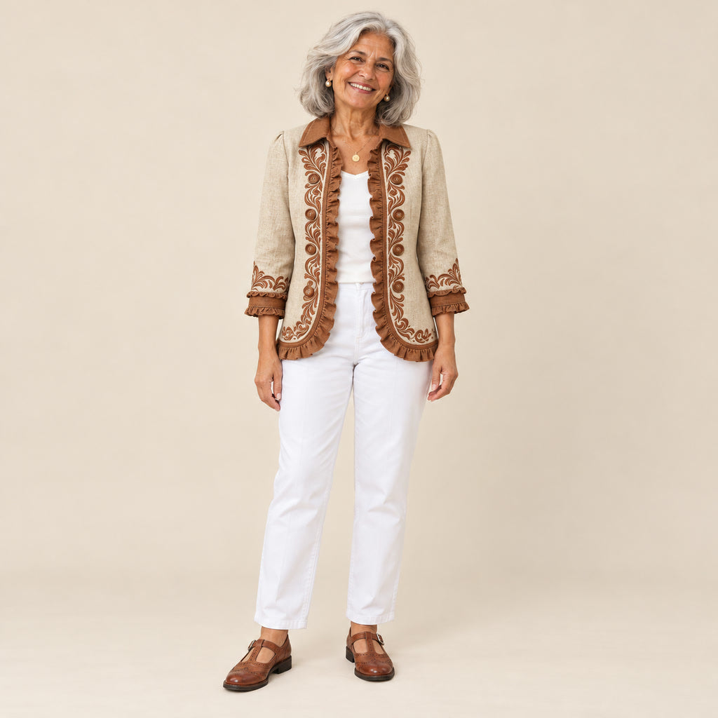 Yanira | Chaqueta bordada bohemia vintage con volantes, vista de frente