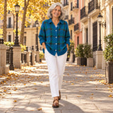 Yolanda | Cárdigan de punto cepillado de cuadros, en la calle