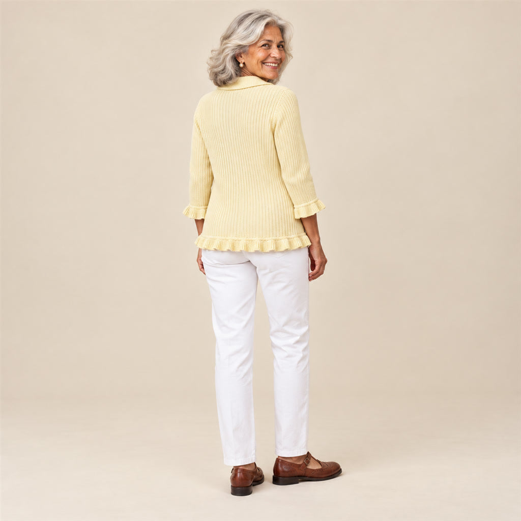 Zahara | Chaqueta de punto de canalé crema con volantes, vista de espaldas