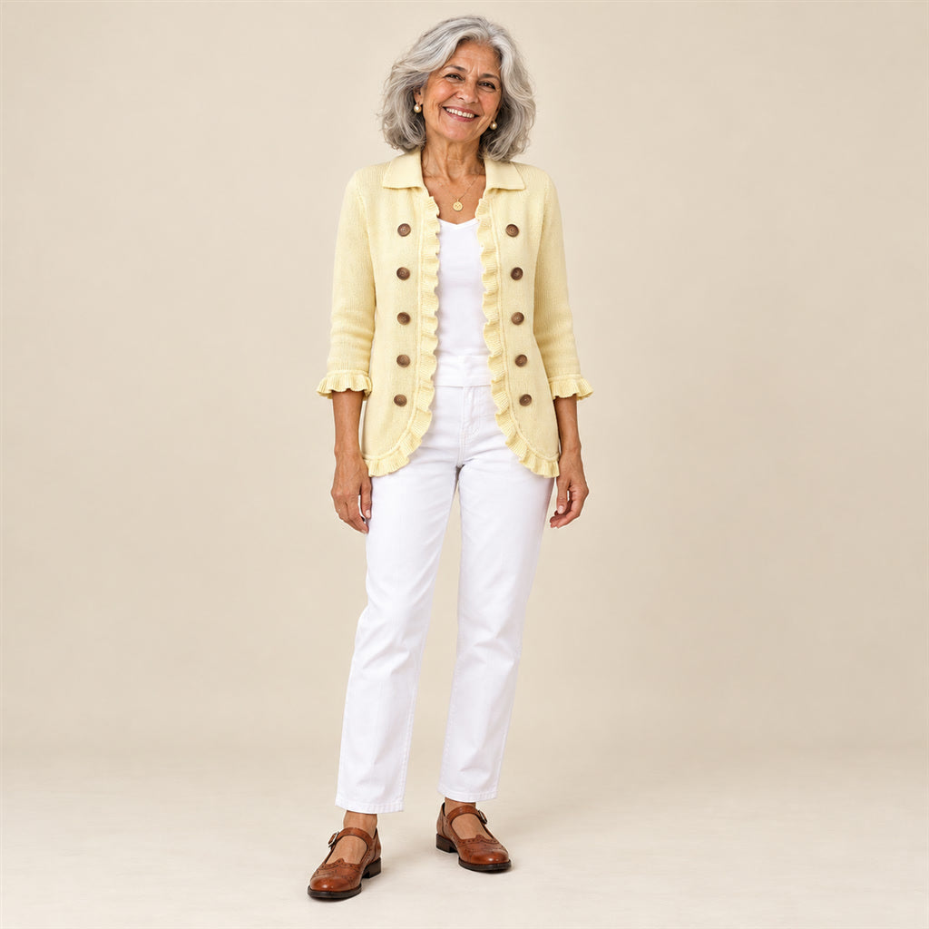 Zahara | Chaqueta de punto de canalé crema con volantes, vista de frente