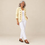 Zahara | Chaqueta de punto de canalé crema con volantes, vista de tres cuartos