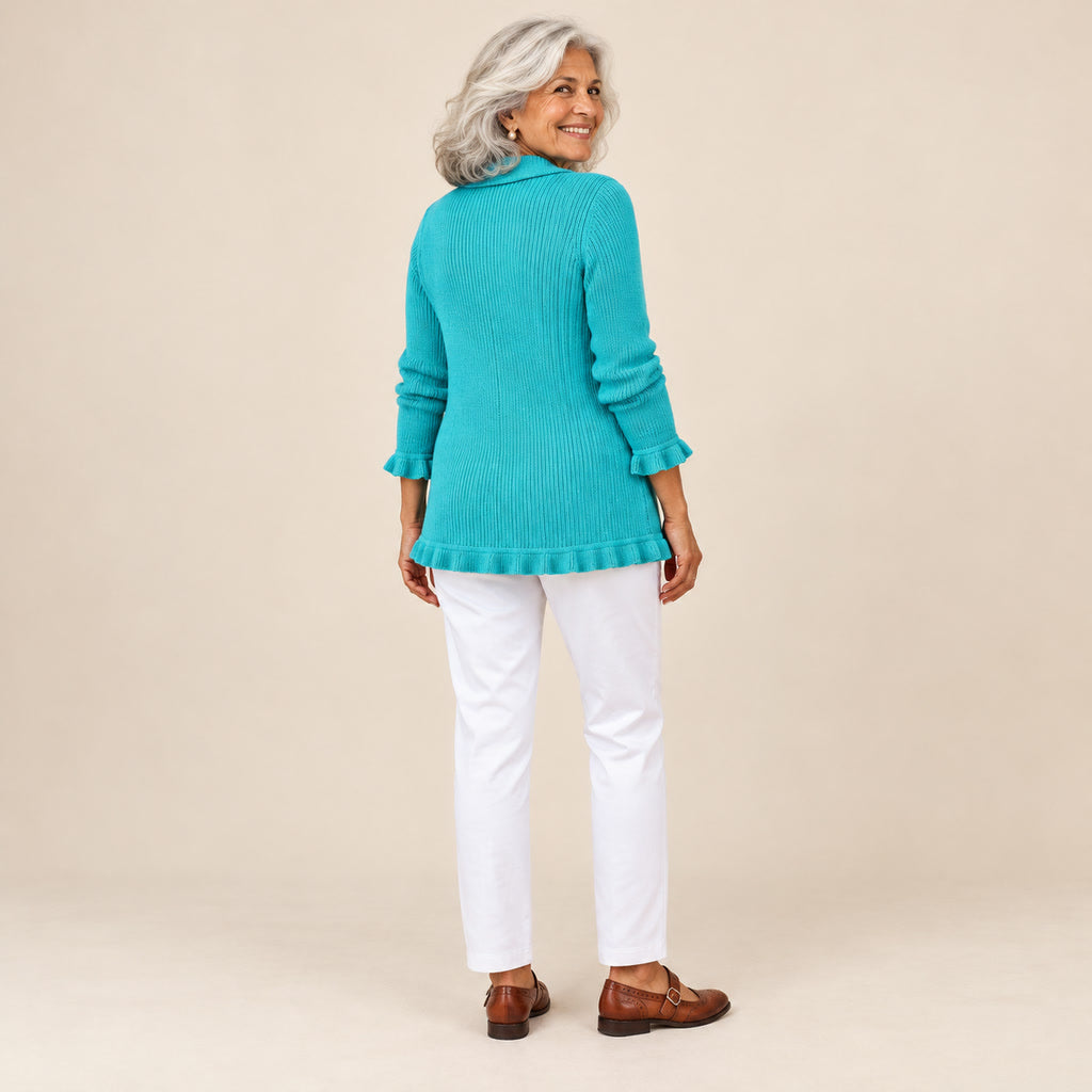 Zulema | Chaqueta de punto de canalé turquesa con volantes, vista de espaldas