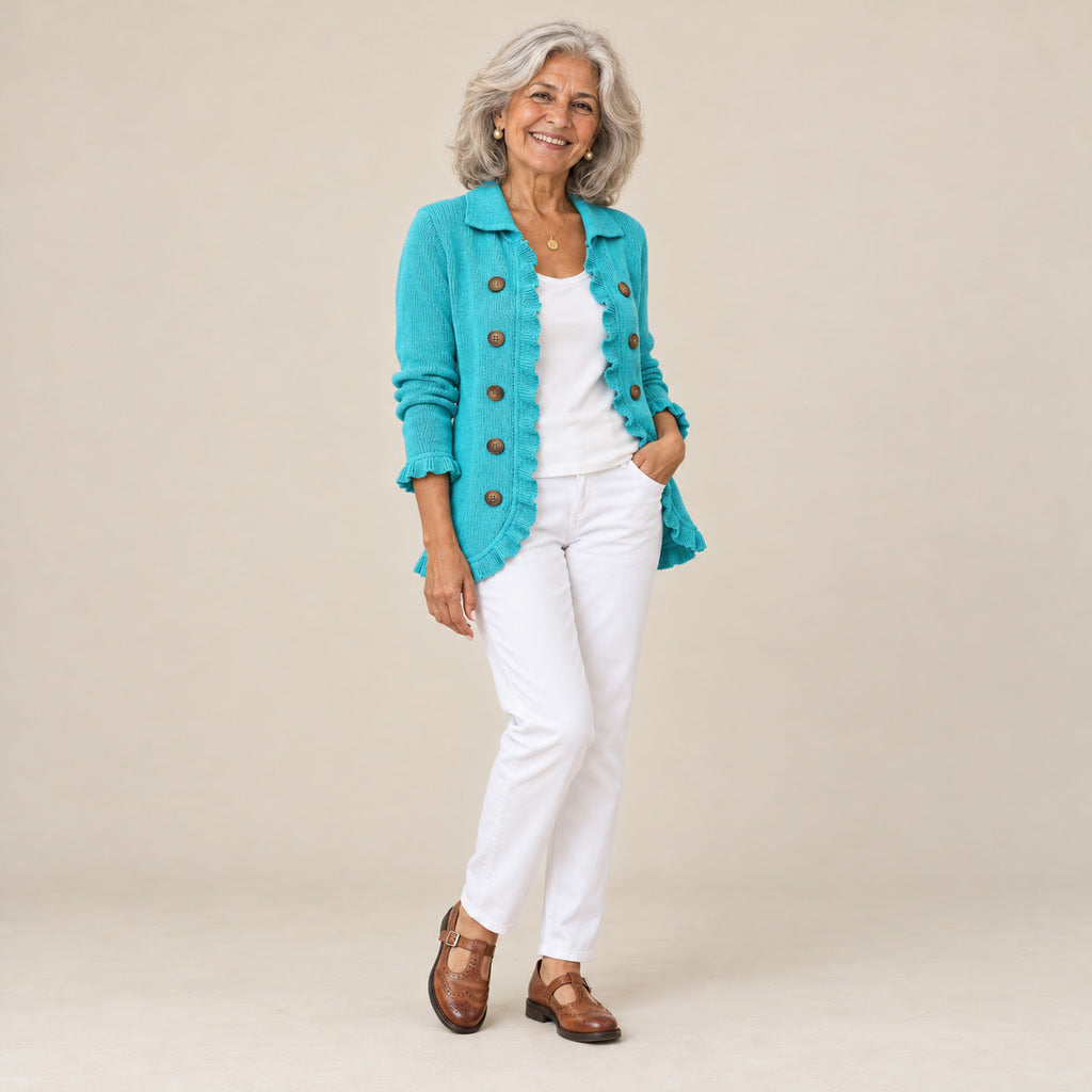 Zulema | Chaqueta de punto de canalé turquesa con volantes, vista de tres cuartos