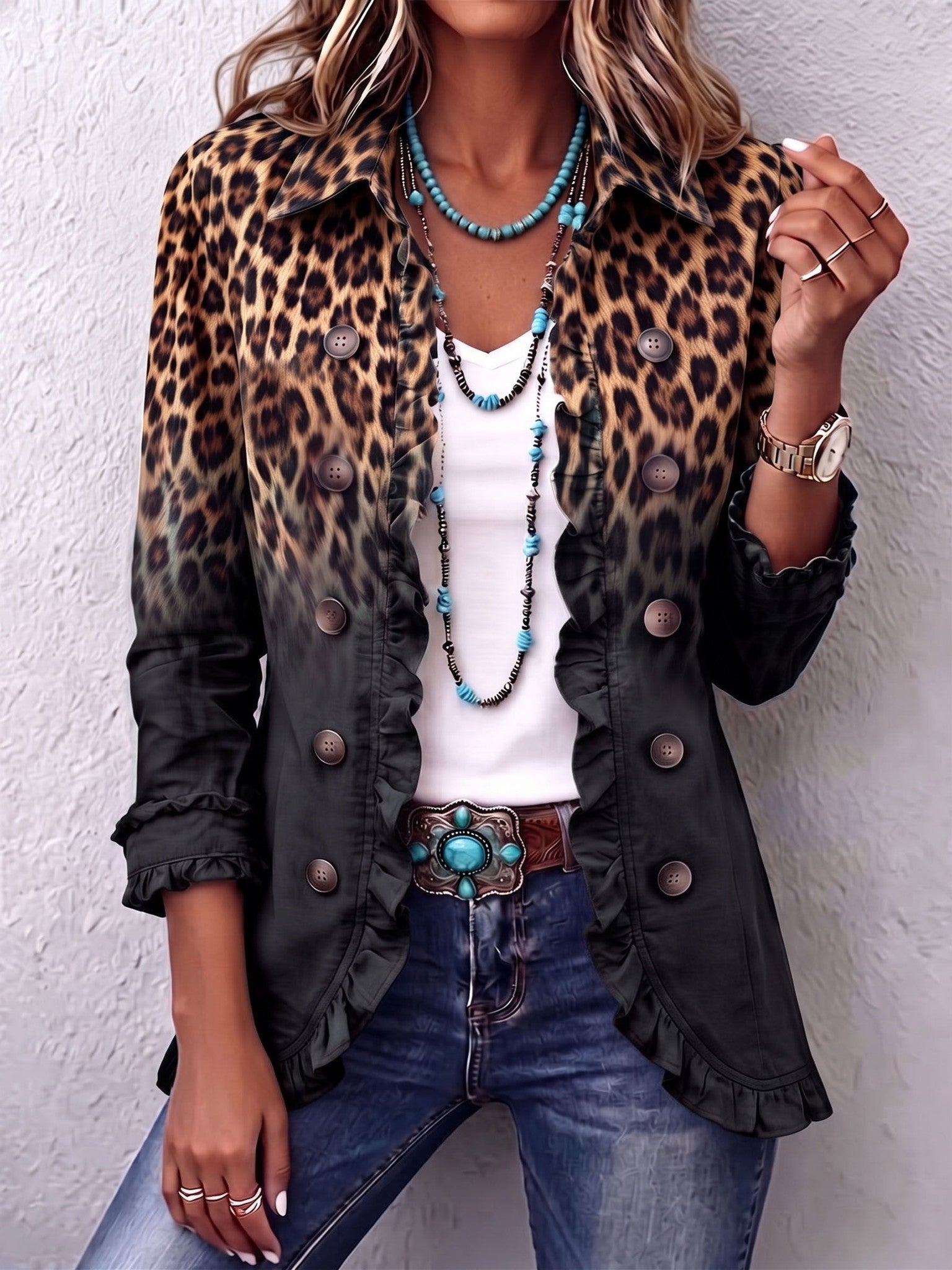 Zuriñe | Blazer con volantes y estampado de leopardo degradado antracita