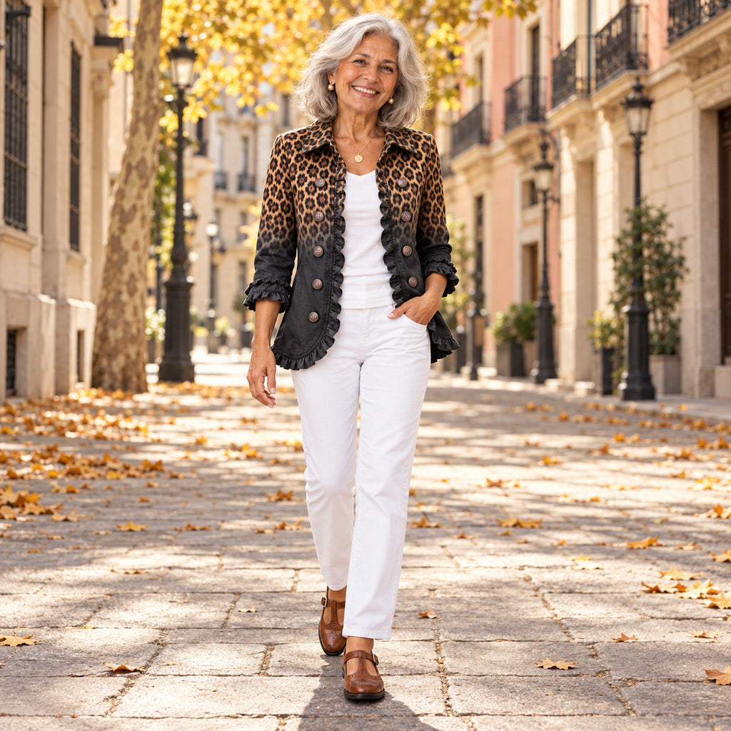Zuriñe | Blazer con volantes y estampado de leopardo degradado antracita, en la calle