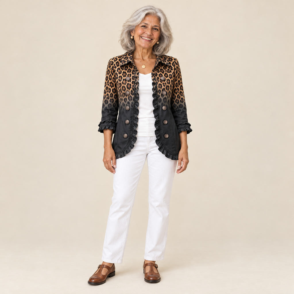Zuriñe | Blazer con volantes y estampado de leopardo degradado antracita, vista de frente