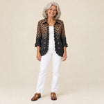 Zuriñe | Blazer con volantes y estampado de leopardo degradado antracita, vista de frente